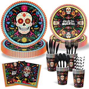 Mexican Day Of The Dead Party Tableware Set Sugar Skull Printed Paper Plates Napkins Cups Tablecloth Pennant Banner For Dia De Los Muertos Celebration Decoration