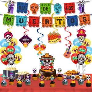 Comprehensive Dia de los Muertos party decoration set with banners and balloons.