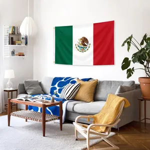 High-quality Mexico flag 60x90cm with brass grommets hanging in a modern living room