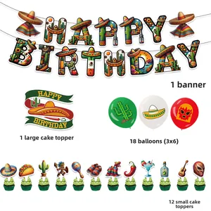 Mexican fiesta birthday party decoration kit with banner, balloons, and toppers