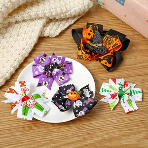 Festive handmade Halloween and Christmas themed ribbon bow hair clips for kids gift set