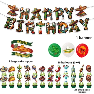Complete Mexican fiesta birthday party decoration set with banner, balloons and toppers