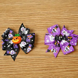 Two sets of Halloween bow hair clips with pumpkin and bat decorations for kids style