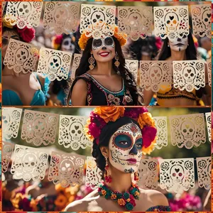 Festive gold Papel Picado banners with laser-cut skull designs for Day of the Dead.