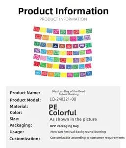 Detail view of colorful Mexican Papel Picado banner strings with specifications table