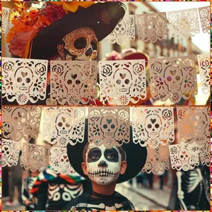 Decorative Mexican Day of the Dead banners featuring hollow skull patterns for festive parties