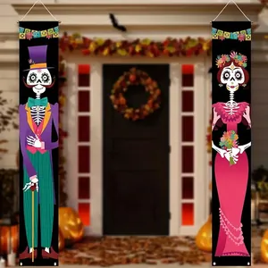 Day of the Dead porch banners featuring skeleton Catrín and Catrina illustrations