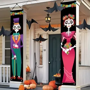 Detailed view of Day of the Dead skeleton porch banners on a festive decorated house