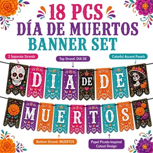 Lot de 18 bannières Jour des Morts avec motifs colorés Papel Picado et têtes de mort