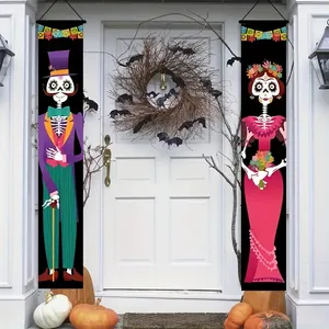 Day of the Dead skeleton door banners on a decorated white porch