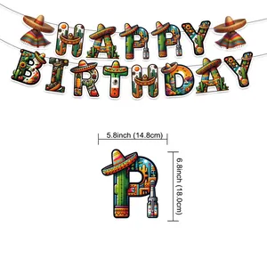 Mexican Fiesta Happy Birthday banner with colorful cactus and sombrero designs for party decor
