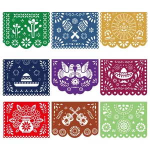 Traditional Mexican papel picado banner set with 9 colorful festive hollow-out patterns