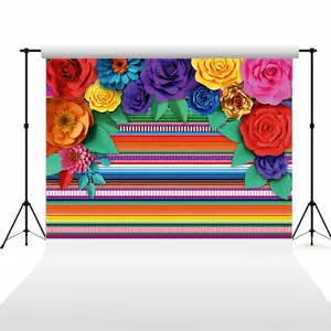 Colorful Mexican fiesta photography backdrop with floral patterns and vibrant stripes