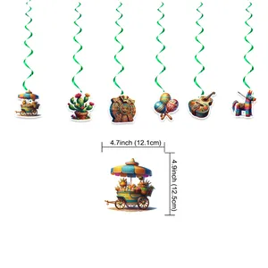 Mexican theme party decorations hanging swirls with festive cutouts and size details