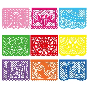 Set of nine colorful Mexican papel picado banners with traditional folk art patterns.