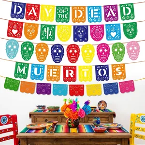 Mexican Day of the Dead Papel Picado banner decorations in a festive party setting