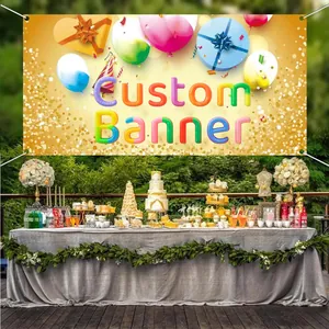Large customizable celebration backdrop with balloons and gifts for festive party decor