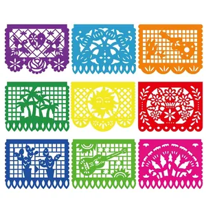Colorful Mexican Papel Picado banner set with 9 unique festive cutout patterns