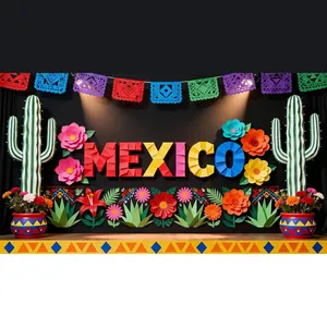 Sfondo festa messicana con fiori di carta colorati e cactus per decorazioni per feste