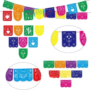 Close-up of colorful felt Mexican Papel Picado banners for Day of the Dead party