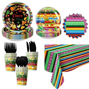 Detailed view of Cinco de Mayo party supplies set including plates, cups and napkins