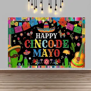 Happy Cinco De Mayo Photo Backdrop Vinyl Mexican Fiesta Party Decoration Banner Colorful Cactus Sombrero Guitar Background