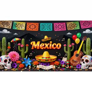 Vivace sfondo messicano per fiesta con cactus, chitarra e teschi colorati del Giorno dei Morti.