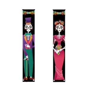Halloween Day of the Dead porch banners with colorful sugar skull skeletons decoration