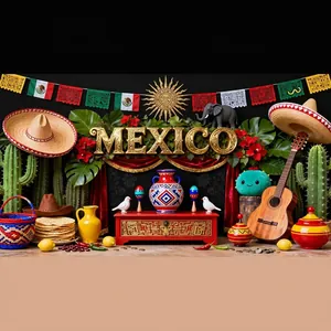 Sfondo per festa di carnevale messicano con cactus, chitarra e decorazioni sombrero.