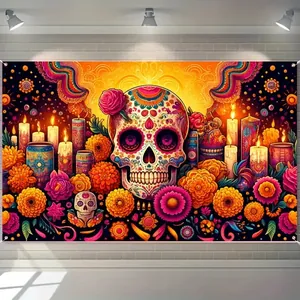 Colorful Mexican Day of the Dead backdrop banner featuring sugar skull and marigolds 110x180cm