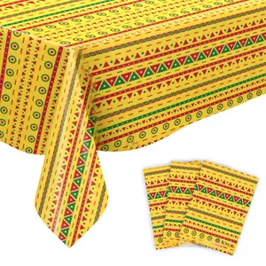 Detailed view of Mexican fiesta tablecloth with colorful ethnic geometric patterns