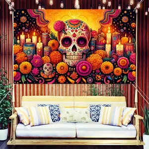 Mexican Day of the Dead tapestry with colorful sugar skull and marigold flowers