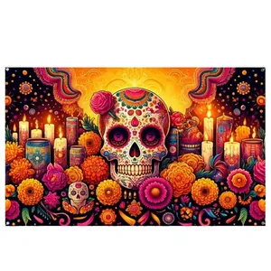 Vibrant Day of the Dead background banner with sugar skull and marigolds for festive decor