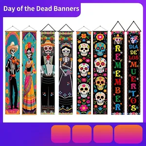 Mexican Day Of The Dead Banner Decorations Halloween Outdoor Porch Sign Traditional Sugar Skull Marigold Floral Print Polyester Couple Flag For Home Garden Party Decor