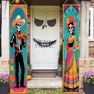 Mexican Day of the Dead door banners with traditional skeleton designs for festive decor