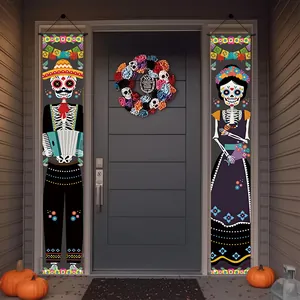 Decorative Mexican Day of the Dead porch banners with colorful sugar skull designs