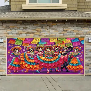 Vibrant Day of the Dead garage door banner with dancing skeletons for party decor.