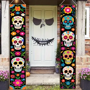 Day of the Dead Mexican door banners with colorful sugar skull and flower patterns