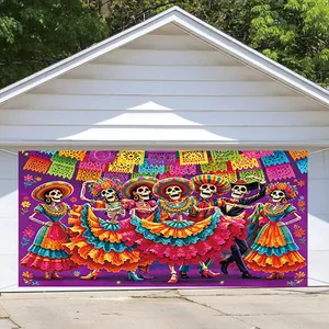 Close-up of vibrant Day of the Dead garage door banner with dancing Mexican skeletons