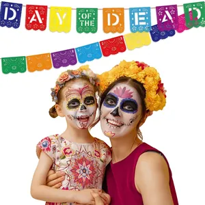 Colorful Mexican Day of the Dead felt banner with traditional skull face paint models