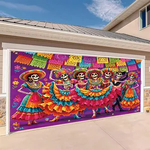 Day of the Dead garage door banner with festive skeleton dancers.