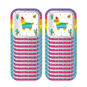 Stack of square Mexican party paper plates featuring a piñata and cactus design