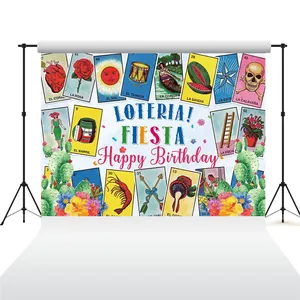 Mexican Loteria Fiesta themed happy birthday photography backdrop with colorful card designs