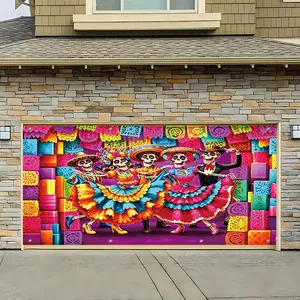 Day of the Dead garage door banner featuring dancing skeletons for festive party decor