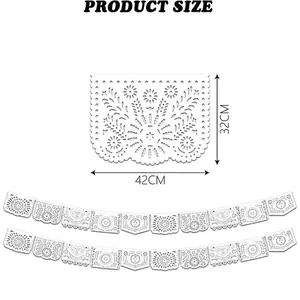 White laser-cut Mexican papel picado party banner with 32cm by 42cm flag size specifications.