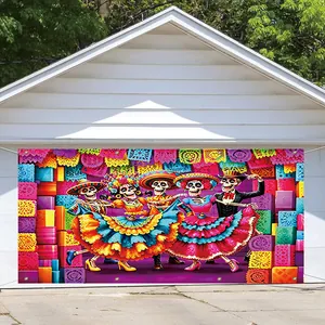 Vibrant Day of the Dead garage door banner with dancing skeletons for Mexican party
