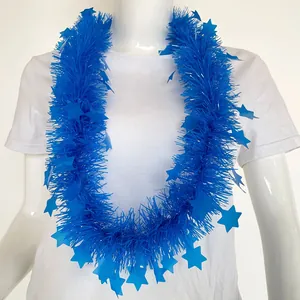 Blue tinsel star garland lei for carnival and neon party decorations shown on mannequin