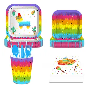 Mexican fiesta party tableware set featuring piñata and cactus patterns with plates