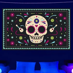 Mexican Day of the Dead wall tapestry featuring sugar skull and guitar patterns for bedroom