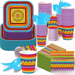 Vibrant Mexican theme party disposable tableware set with colorful geometric patterns